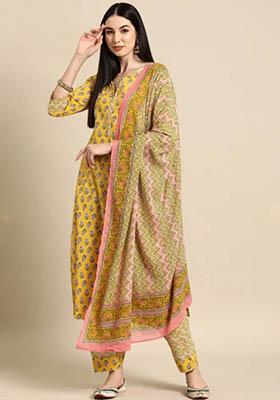 Yellow Printed Rayon Kurta Set