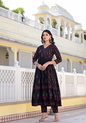 Black Printed Rayon Kurta Set