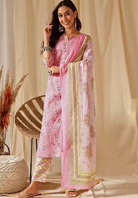 Pink Printed Rayon Kurta Set