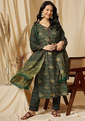 Green Printed Rayon Kurta Set