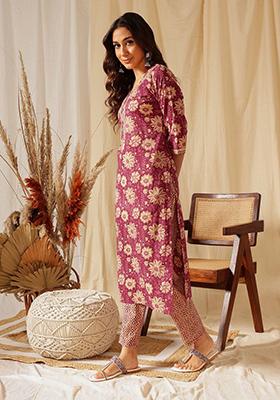Purple Printed Rayon Kurta Set