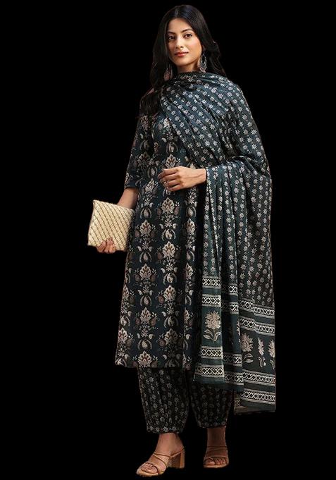Blue Printed Rayon Kurta Set