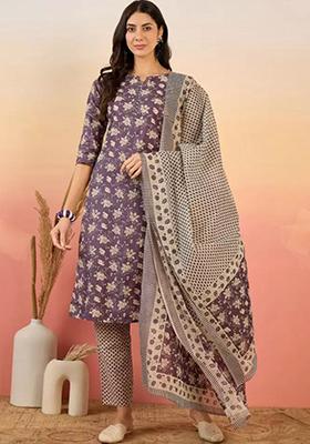 Purple Printed Rayon Kurta Set
