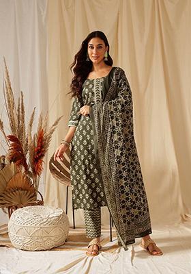 Green Printed Rayon Kurta Set