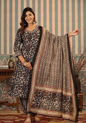 Black Printed Rayon Kurta Set