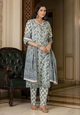 Blue Printed Rayon Kurta Set