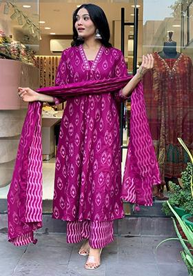 Purple Printed Rayon Kurta Set