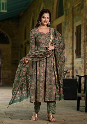 Green Printed Rayon Kurta Set