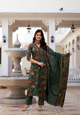 Green Printed Rayon Kurta Set