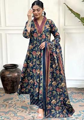 Blue Printed Rayon Kurta Set