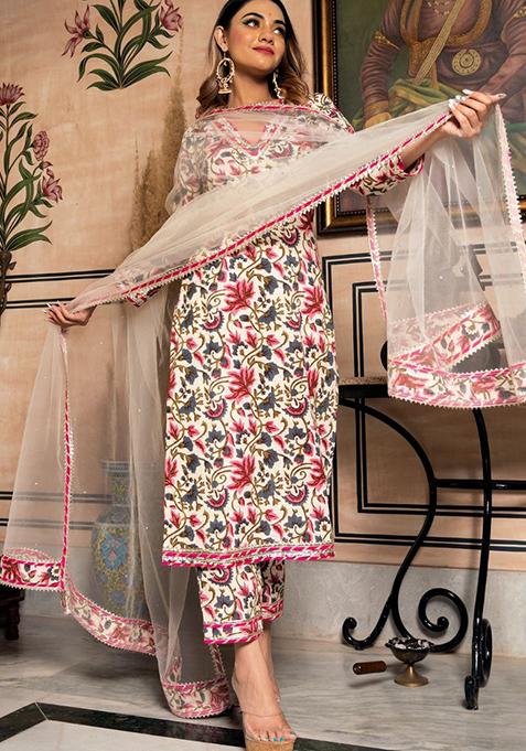 White Printed Rayon Kurta Set