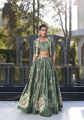 Bottel Green Floral Print  Tussar Silk Lehenga Set