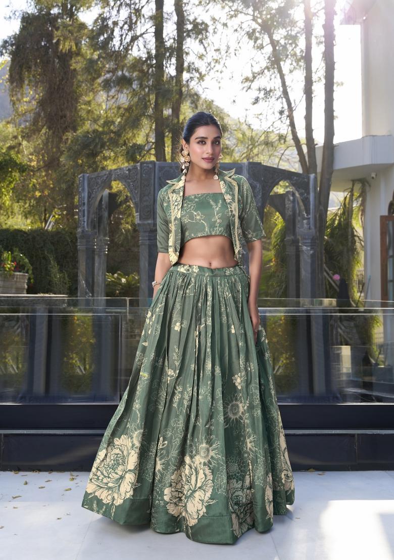 Bottel Green Floral Print Tussar Silk Lehenga Set