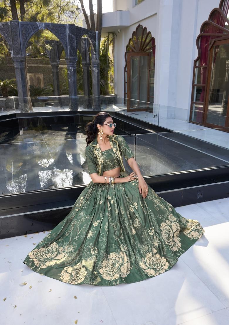 Bottel Green Floral Print Tussar Silk Lehenga Set