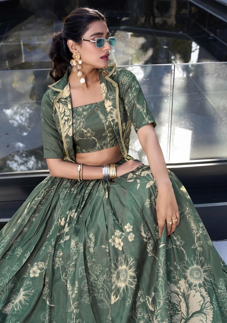 Bottel Green Floral Print Tussar Silk Lehenga Set