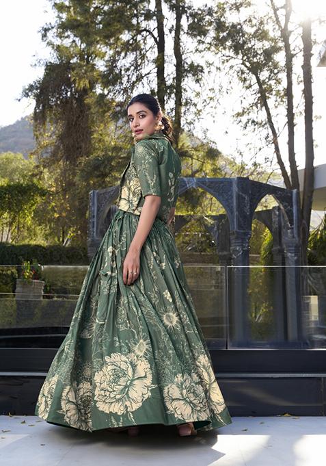 Bottel Green Floral Print Tussar Silk Lehenga Set