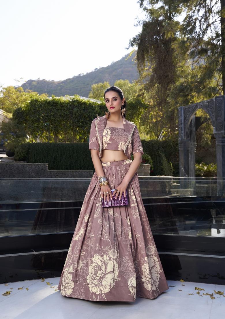 Onion Pink Floral Print Tussar Silk Lehenga Set