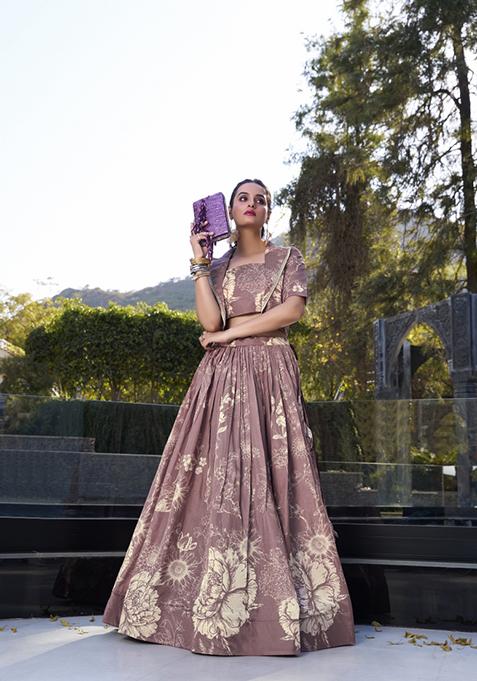 Onion Pink Floral Print Tussar Silk Lehenga Set