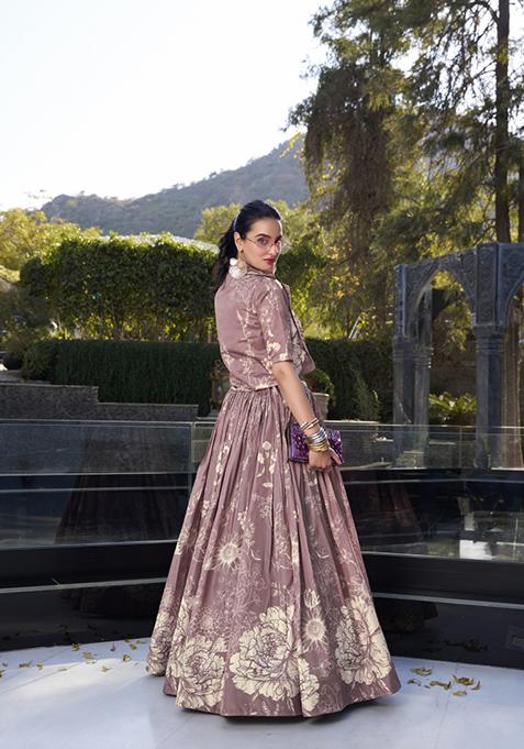 Onion Pink Floral Print Tussar Silk Lehenga Set