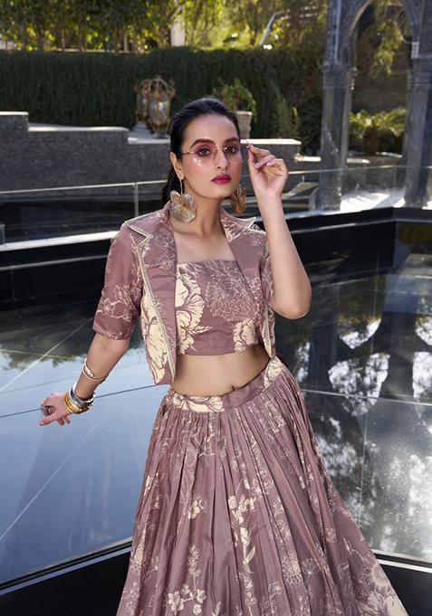 Onion Pink Floral Print Tussar Silk Lehenga Set
