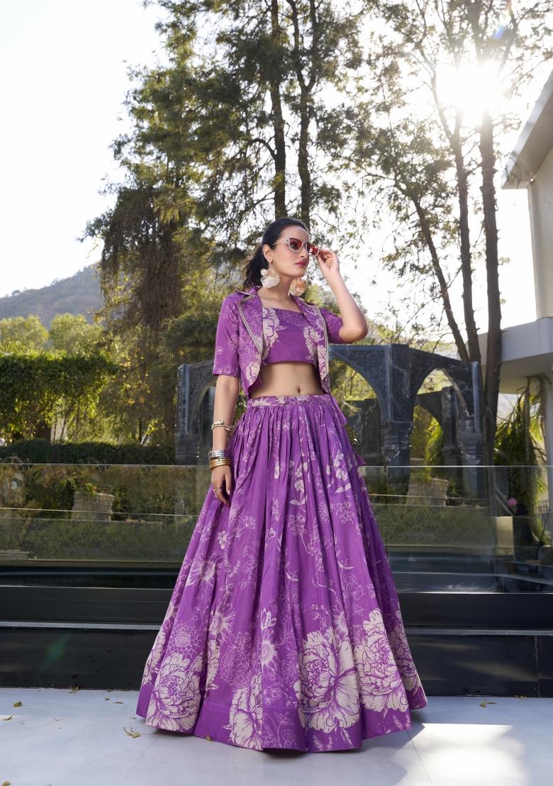 Purple Floral Print Tussar Silk Lehenga Set