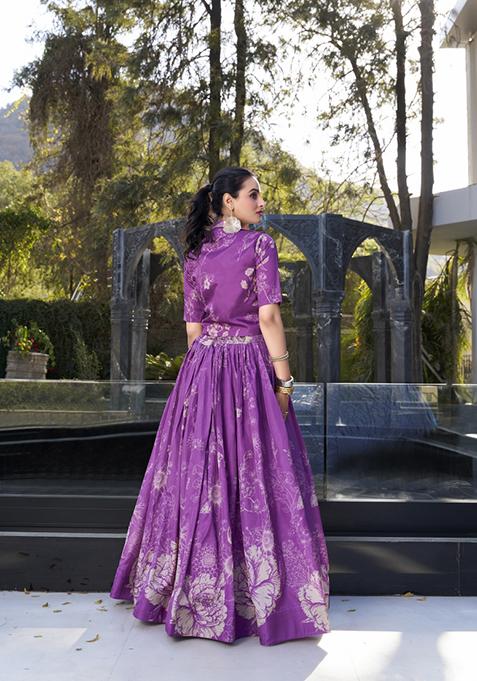 Purple Floral Print Tussar Silk Lehenga Set