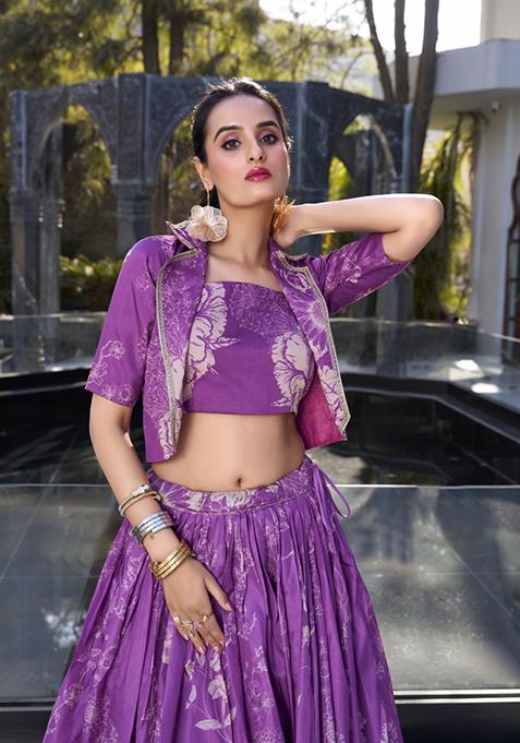 Purple Floral Print Tussar Silk Lehenga Set