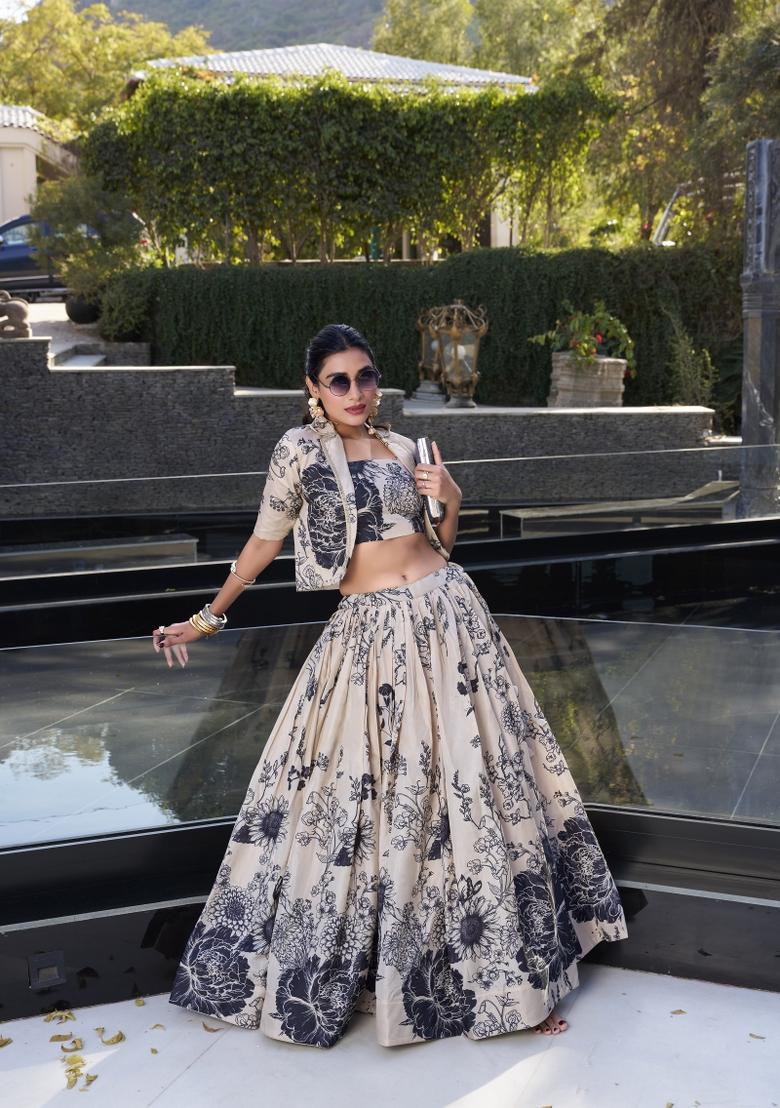 Cream Floral Print Tussar Silk Lehenga Set