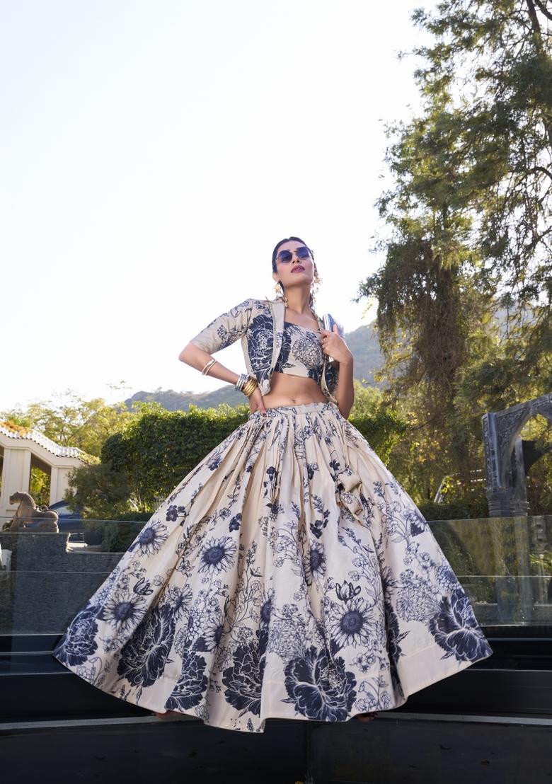 Cream Floral Print Tussar Silk Lehenga Set