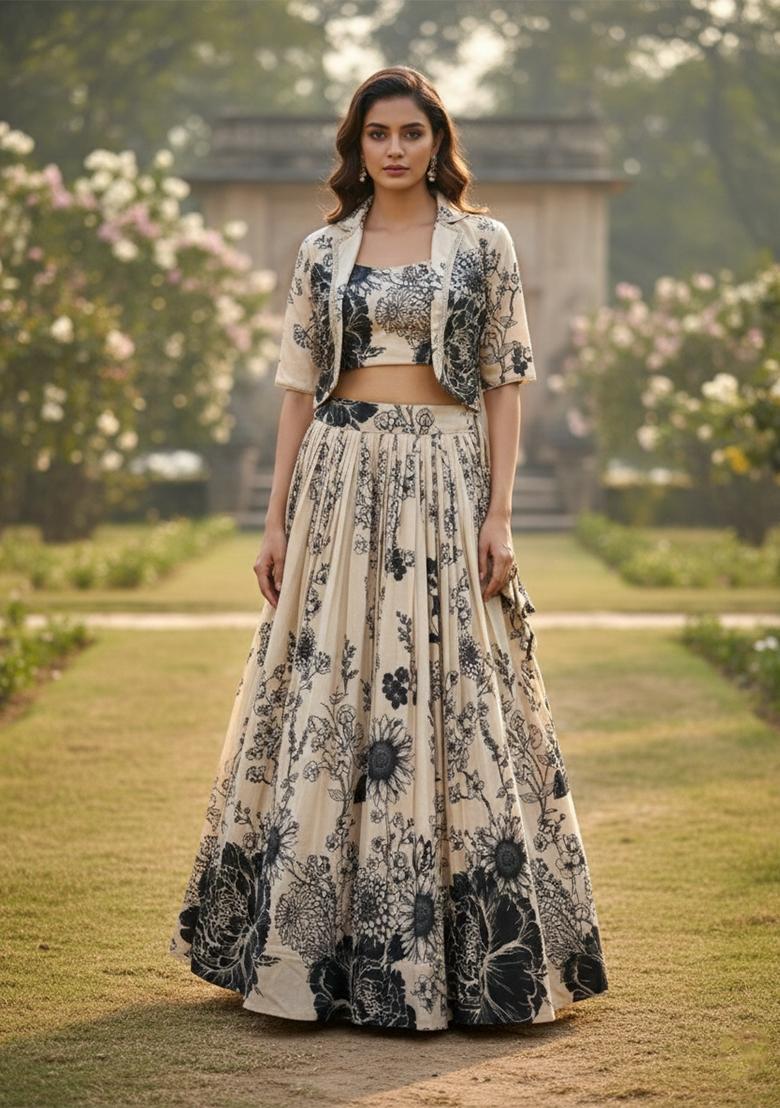 Cream Floral Print Tussar Silk Lehenga Set