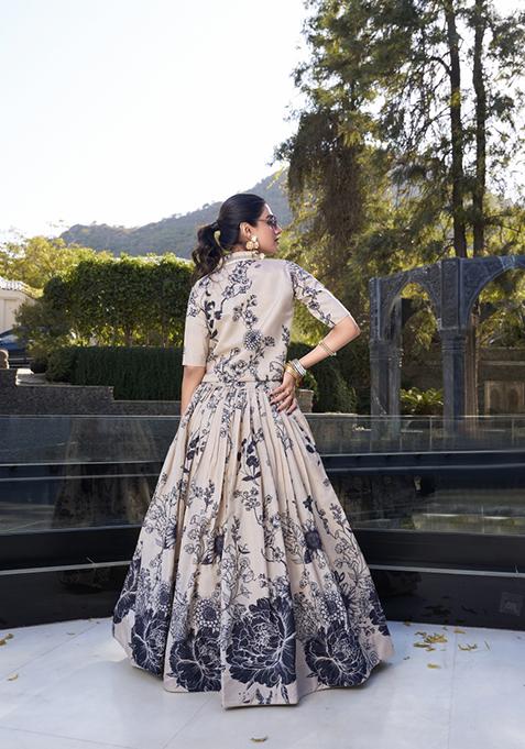 Cream Floral Print Tussar Silk Lehenga Set
