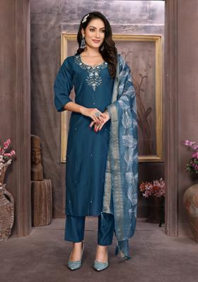 Dark Peacock Blue Embroidered Roman Silk Salwar Kameez