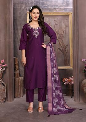 Wine Embroidered Roman Silk Salwar Kameez