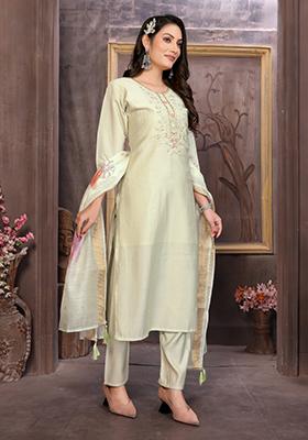 Light Pista Green Embroidered Roman Silk Salwar Kameez