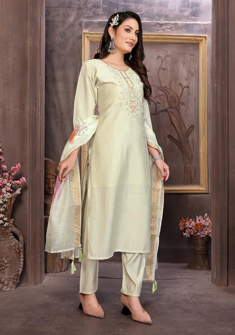 Light Pista Green Embroidered Roman Silk Salwar Kameez
