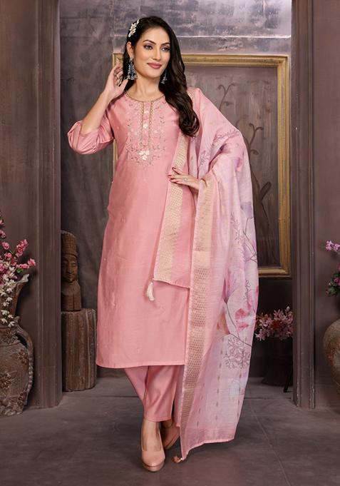 Peach Embroidered Roman Silk Salwar Kameez