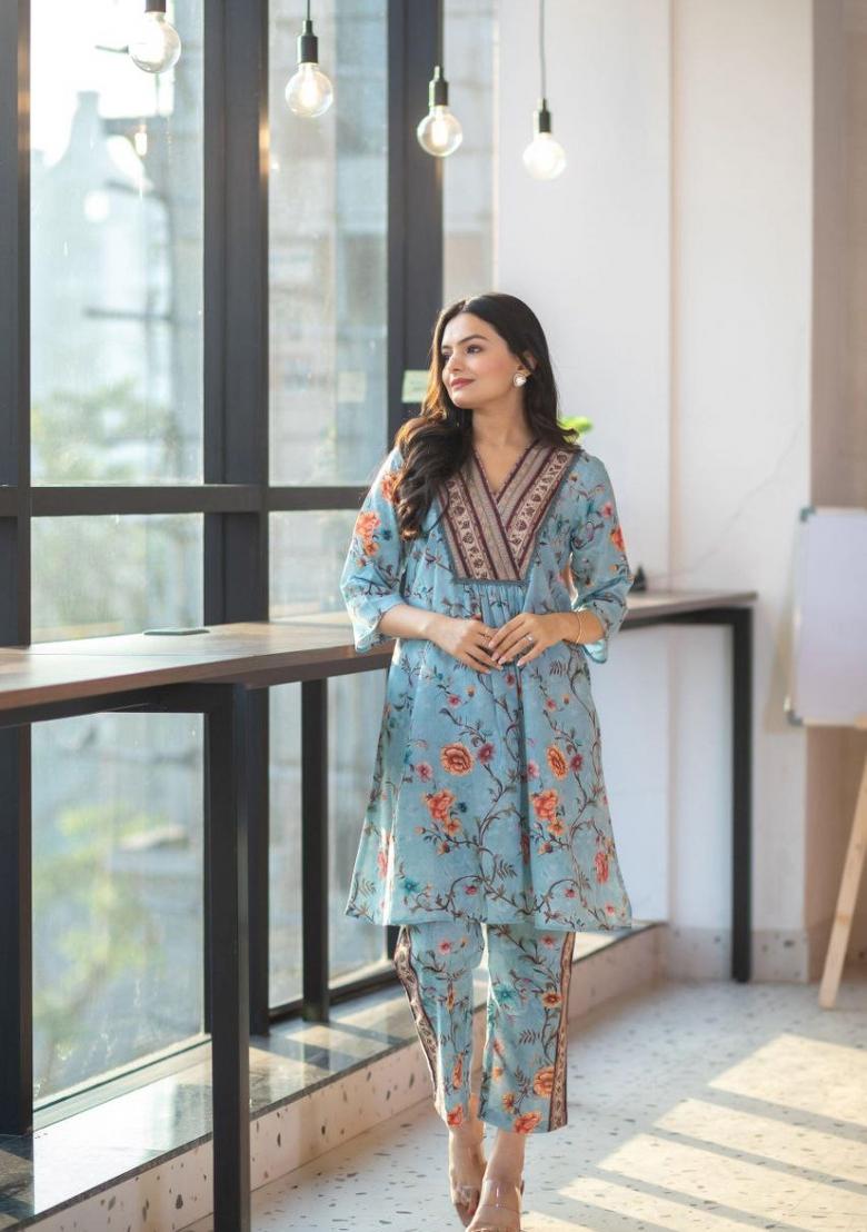 Blue Printed Rayon Salwar Kameez