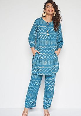 Blue Printed Rayon Salwar Kameez