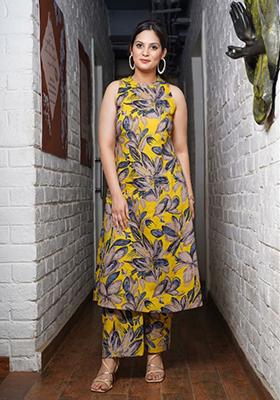 Yellow Printed Rayon Salwar Kameez
