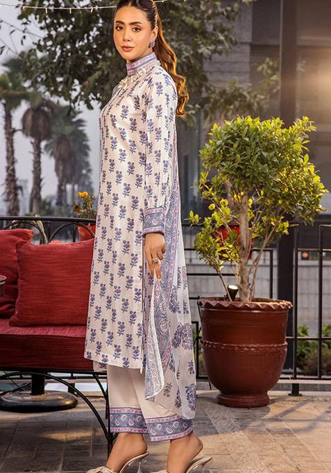 White Printed Rayon Salwar Kameez