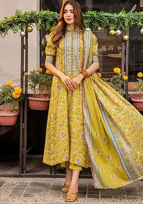 Yellow Printed Rayon Salwar Kameez