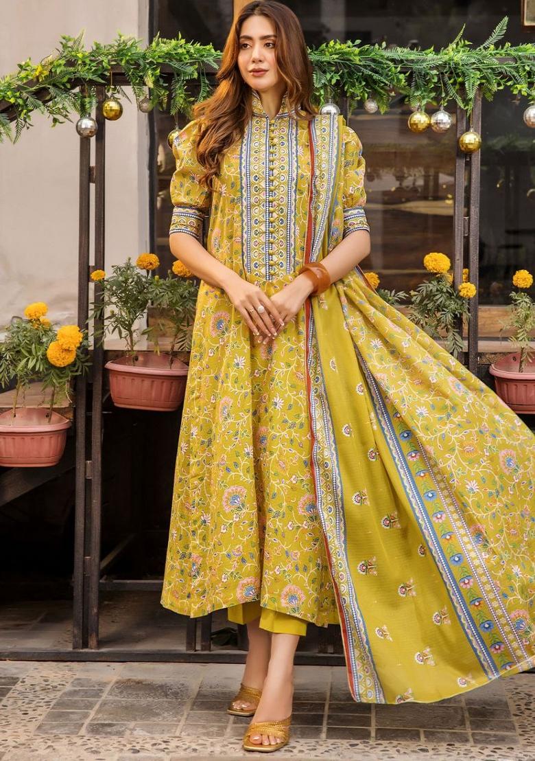 Yellow Printed Rayon Salwar Kameez
