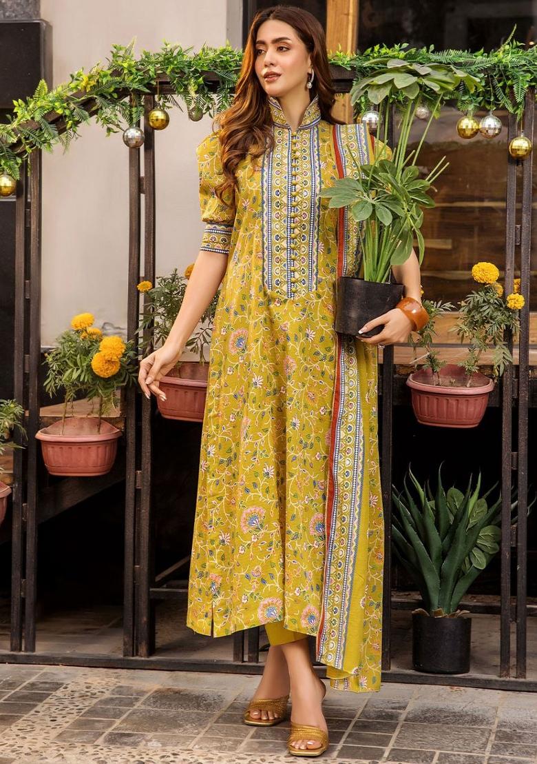 Yellow Printed Rayon Salwar Kameez