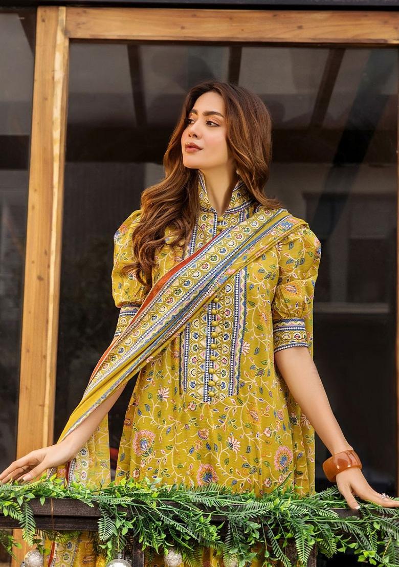 Yellow Printed Rayon Salwar Kameez