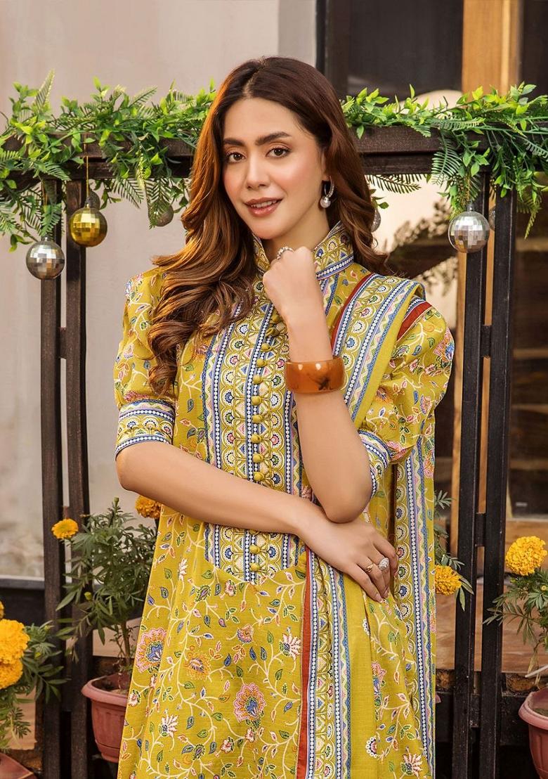 Yellow Printed Rayon Salwar Kameez