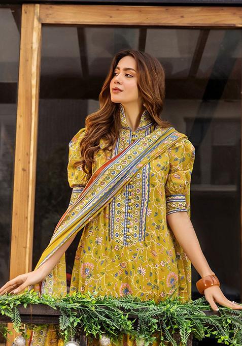 Yellow Printed Rayon Salwar Kameez