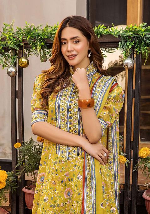 Yellow Printed Rayon Salwar Kameez
