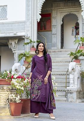 Wine Floral Print  Roman Silk Salwar Kameez