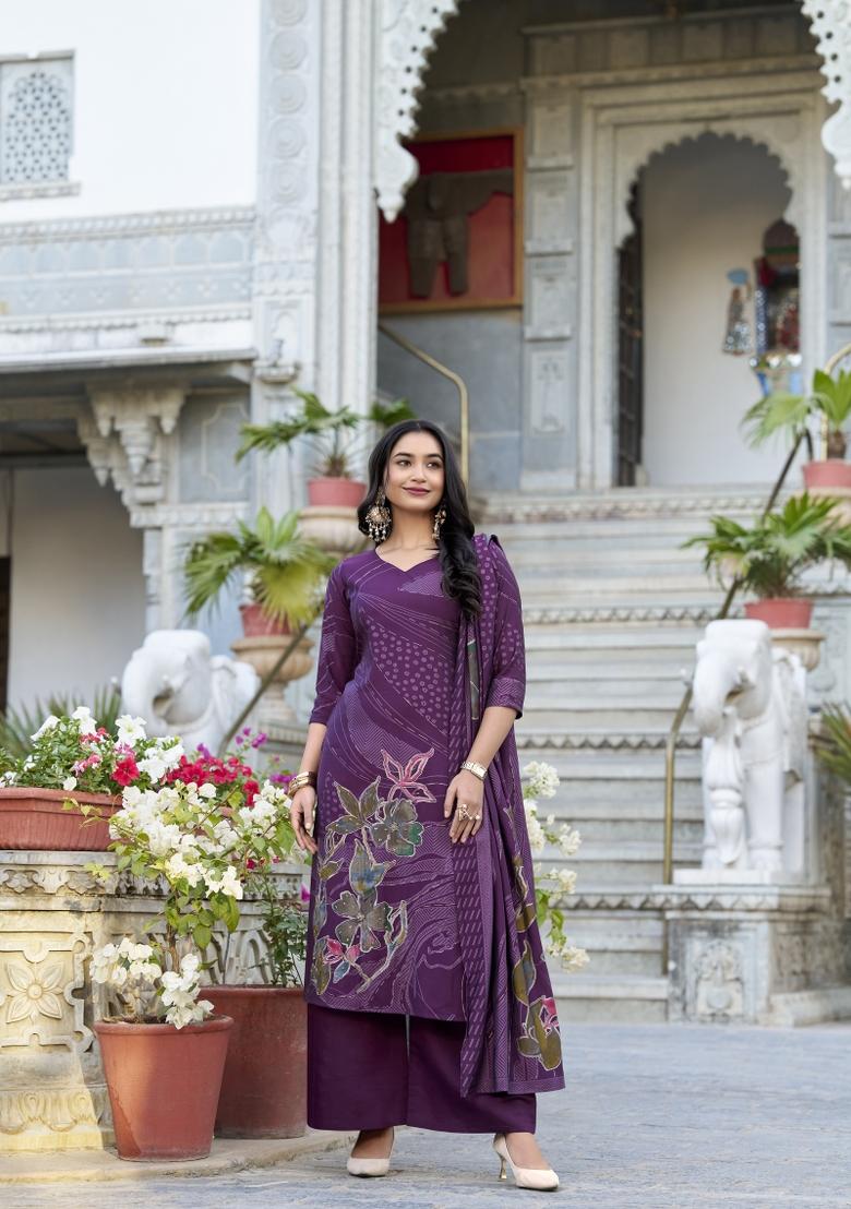 Wine Floral Print Roman Silk Salwar Kameez