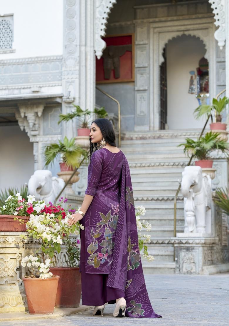 Wine Floral Print Roman Silk Salwar Kameez